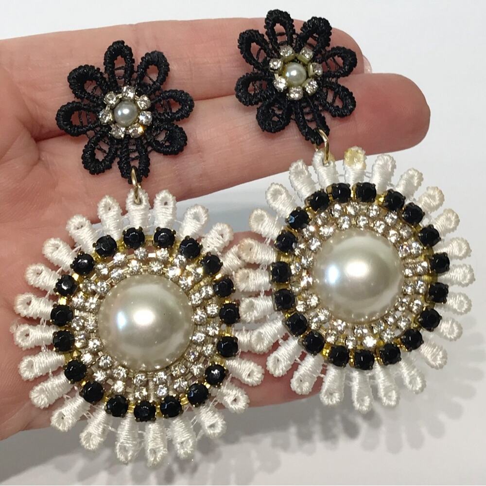 Vintage Art Deco Style Chandelier Black Rhinestone Lace Drop Statement Earrings